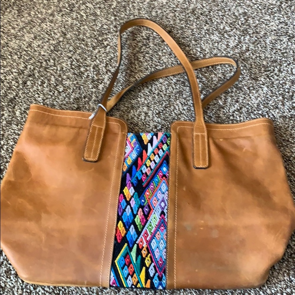 Leather tote with huipil Inset